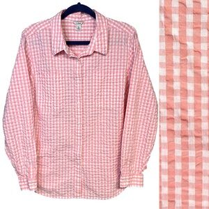 LL Bean Pink Gingham Plaid Seersucker Long Sleeve Shirt Ranch Cottage Preppy XL
